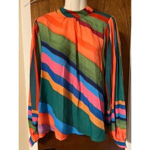Flying‎ Tomato Striped Long Sleeve Blouse Colorful Mock Neck Top Womens
